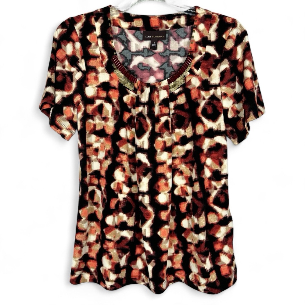 Dana Buchman Blouse Womens S Small Beaded Scoop Neck Pleated Short Sleeves